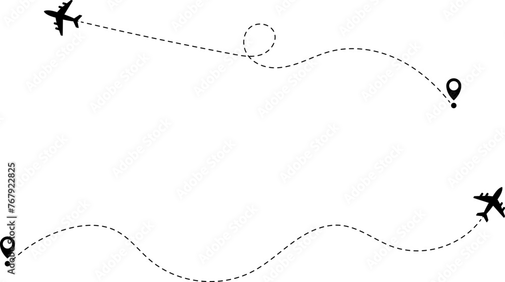 Airplane line path icon of air plane flight route with start point and dash line trace. Vector illustration Airplane line path icon of air plane flight route with start point and dash line trace. Vector illustration