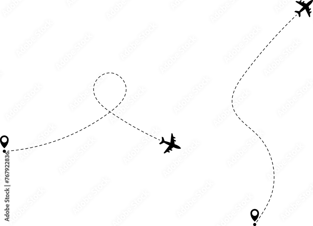 Airplane line path icon of air plane flight route with start point and dash line trace. Vector illustration Airplane line path icon of air plane flight route with start point and dash line trace. Vector illustration
