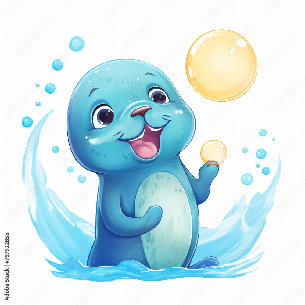 A seal blowing water bubbles its playful action creating a dynamic scene on a white background A seal blowing water bubbles its playful action creating a dynamic scene on a white background