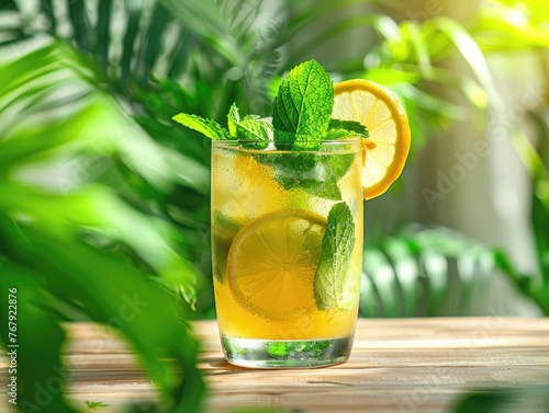 Summer Refreshing Iced Lemon Juice with House Plant Background - Green Plant Vibes and Mojito Chanh Inspiration - Bright Natural Light - Cool and Invigorating  photo