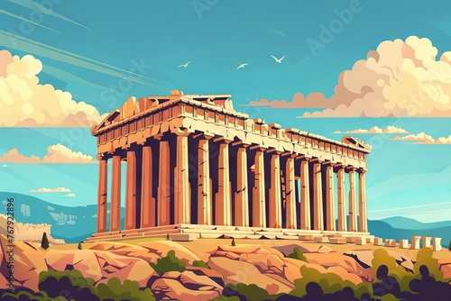 Ancient Greek Acropolis of Athens in classical architectural style, famous landmark vector illustration