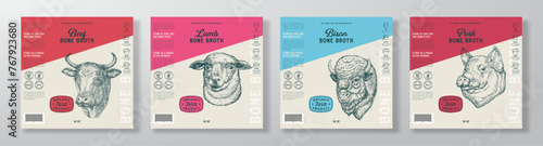 Bone Broth Label Templates Set. Abstract Vector Food Packaging Design Layouts Collection. Meat Modern Natural Diet Soup Product Backgrounds with Engraved Style Drawings Isolated