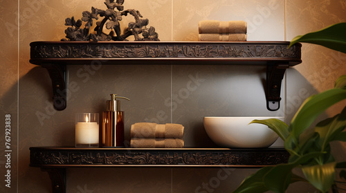 Closeup of oriental styled luxury bathroom shelf with candles