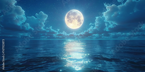  full moon on  sea at night background, blue moon with clouds on ocean,banner