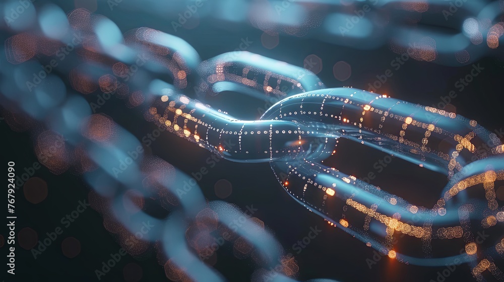 Close-up of a digitally enhanced chain with glowing links, representing blockchain security and connectivity.