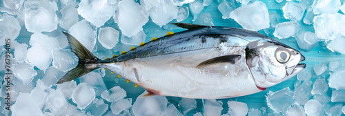 Fresh tuna close up on ice blue background, photo from the market. International Tuna Day concept template, photo for advertising, menu photo