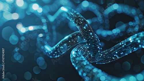 Close-up of a digitally enhanced chain with glowing links  representing blockchain security and connectivity.