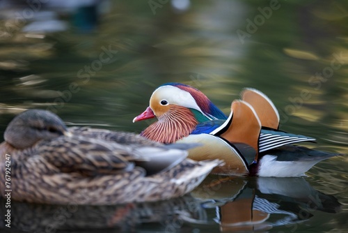 Mandarin ducks floating in a tranquil body of water