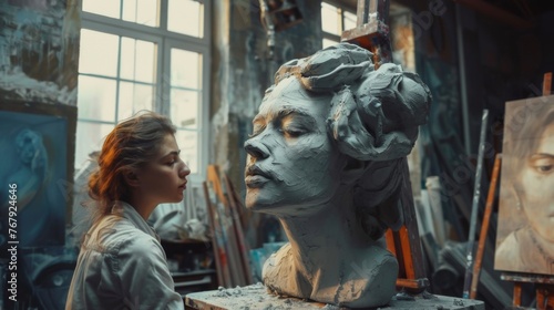 A female artist examines a large clay sculpture in her atmospheric art studio, surrounded by paintings and tools of her craft.