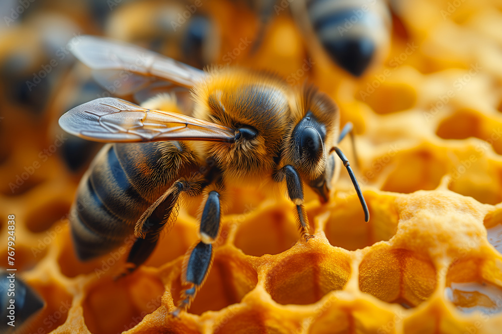 Bee building honey cells, close up of a honeycomb, insect at a beekeeping or apiculture
Bee building honey cells, close up of a honeycomb, insect at a beekeeping or apiculture