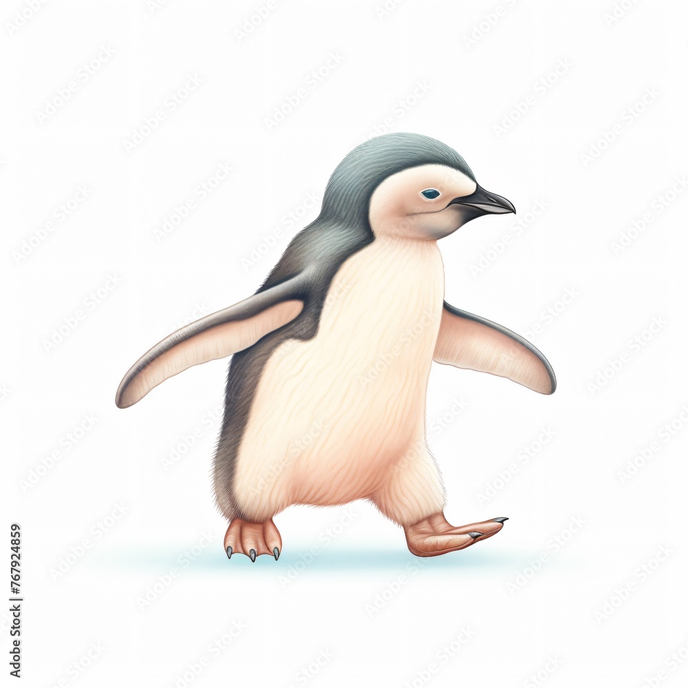 Obraz premium Curious penguin chick waddling its fluffy texture contrasted sharply with the white canvas embodying innocence