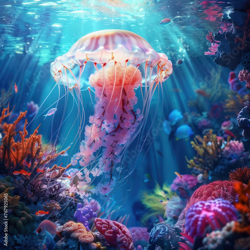 Jellyfish in a coral reef with corals and fish