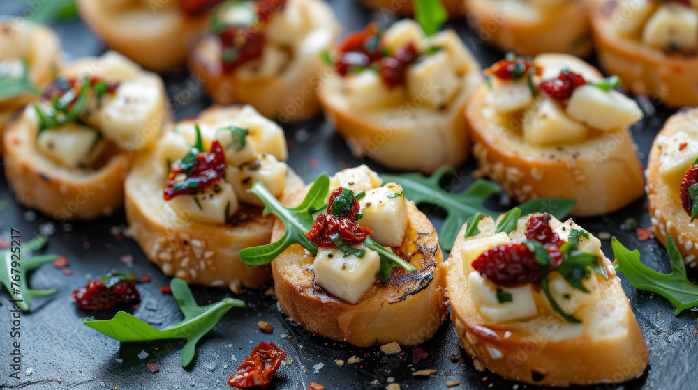 Gourmet Bruschetta with Melted Cheese, Sun-Dried Tomatoes, and Arugula