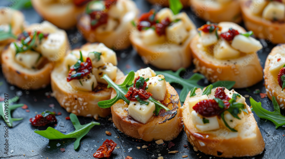 Gourmet Bruschetta with Melted Cheese, Sun-Dried Tomatoes, and Arugula Gourmet Bruschetta with Melted Cheese, Sun-Dried Tomatoes, and Arugula