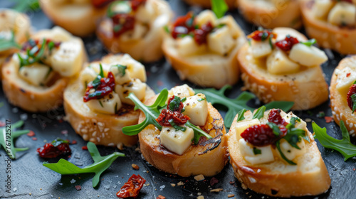 Gourmet Bruschetta with Melted Cheese, Sun-Dried Tomatoes, and Arugula