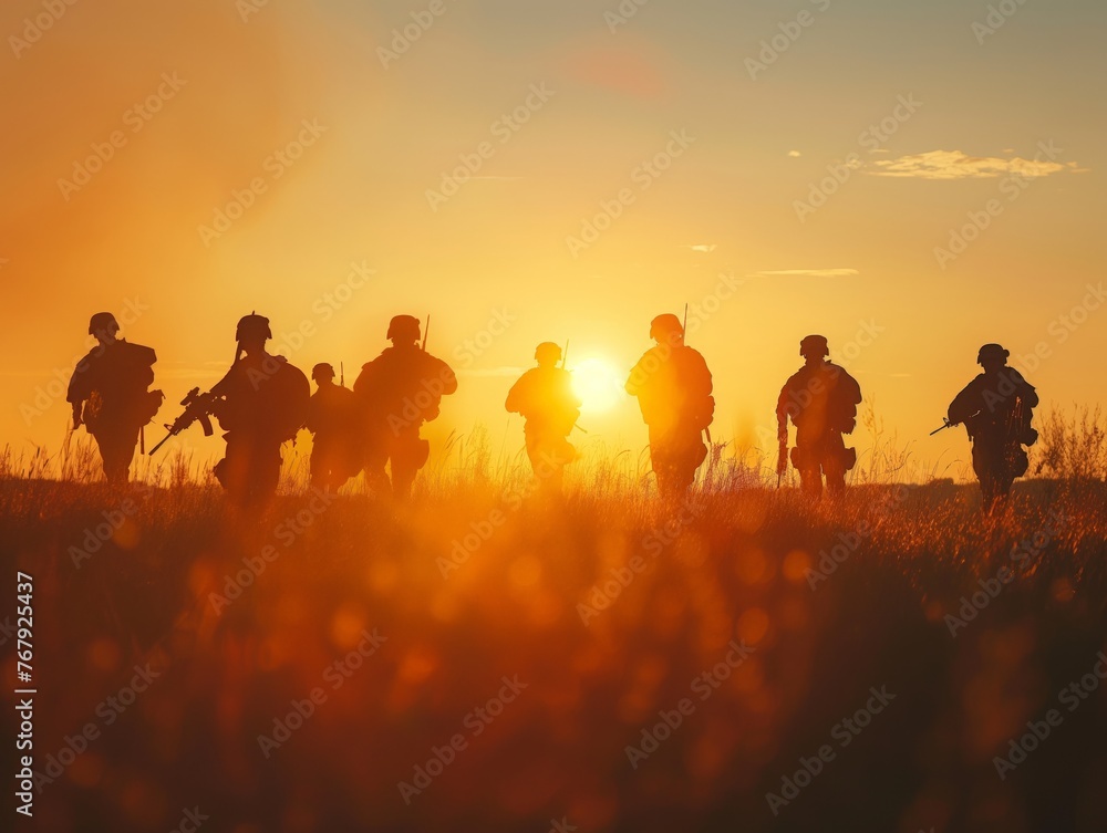 Soldiers marching across a field at sunset, silhouetted against the glowing sky.