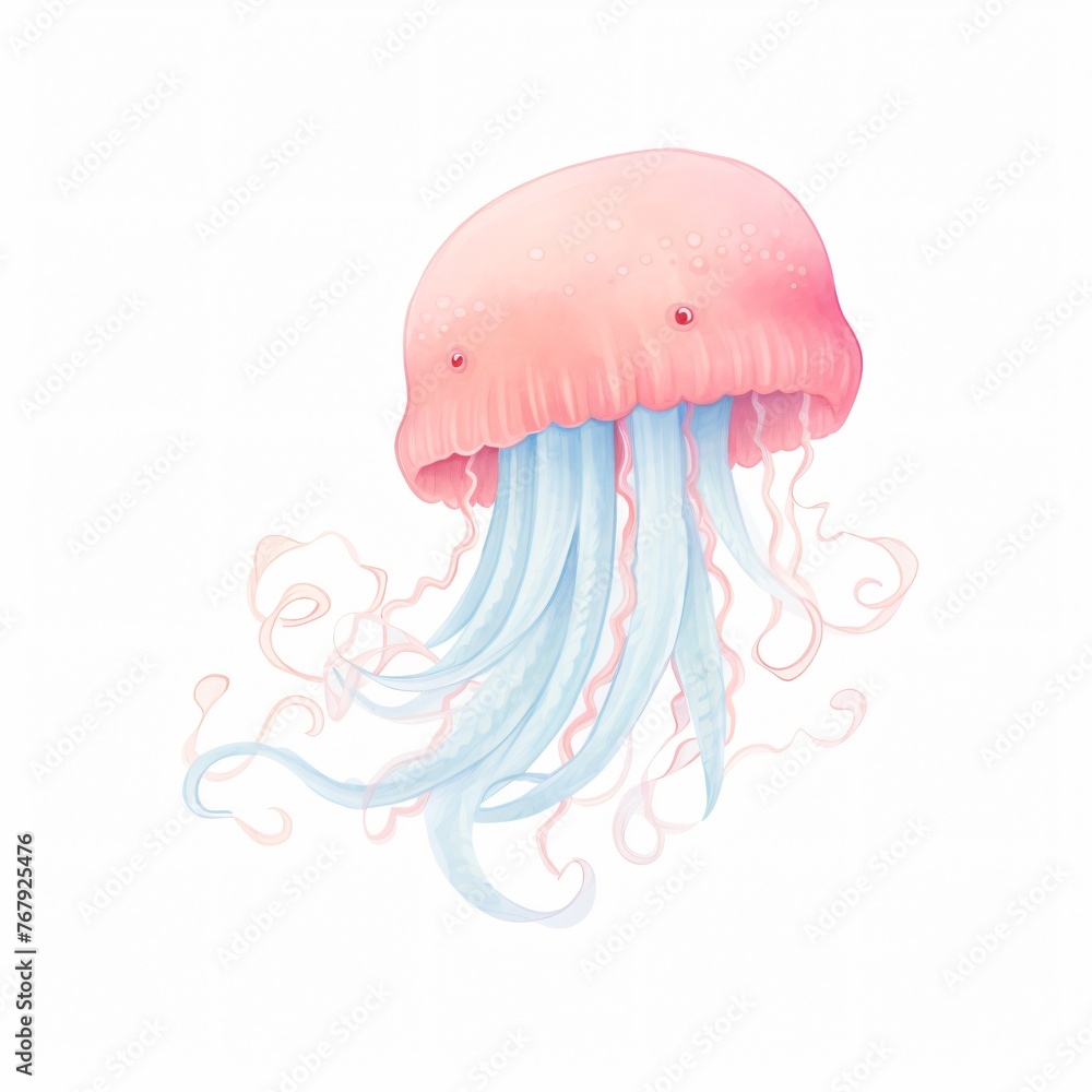 Fototapeta premium Gentle jellyfish drifting its translucent tentacles painted with watercolor hues on a white background