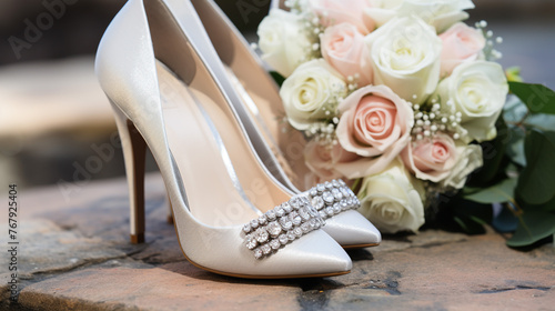 Wedding shoes with crystals wedding ring and bouquet © rida