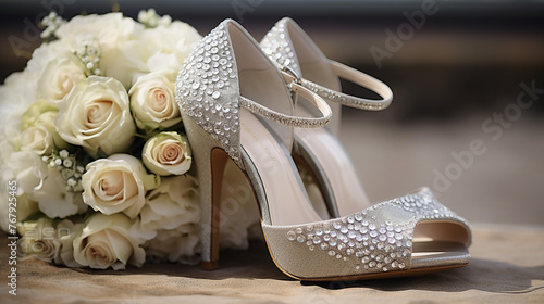 Wedding shoes with crystals wedding ring and bouquet © rida