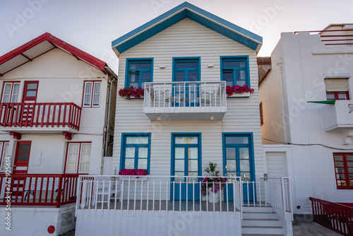 Painted houses called Palheiros in Costa Nova area of Aveiro city in the Centro Region of Portugal