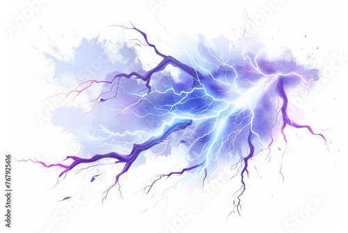 Dramatic thunderstorm with realistic lightning bolts striking on a white background, digital illustration