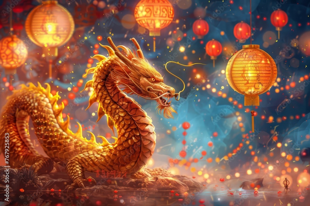 Chinese New Year celebration with golden dragon and festive red lanterns, digital painting Chinese New Year celebration with golden dragon and festive red lanterns, digital painting