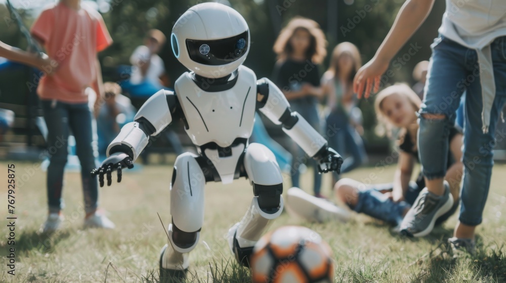 Fototapeta premium A humanoid robot engages in a fun soccer game with children on a bright and sunny day outdoors, showcasing technology interaction.