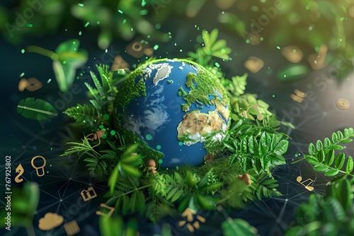 Earth globe surrounded by green leaves and eco-friendly icons, representing environmental protection, 3D rendering