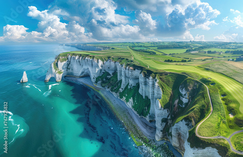 A panoramic view of the lush green golf course nestled on white cliffs overlooking blue sea, with the iconic tall rock arches © Kien
