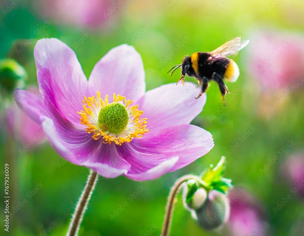 Whispers of Spring: Japanese Anemone Flower and Bumblebee Amidst Soft Blurry Light, an Artistic Ode to the Seasons Whispers of Spring: Japanese Anemone Flower and Bumblebee Amidst Soft Blurry Light, an Artistic Ode to the Seasons