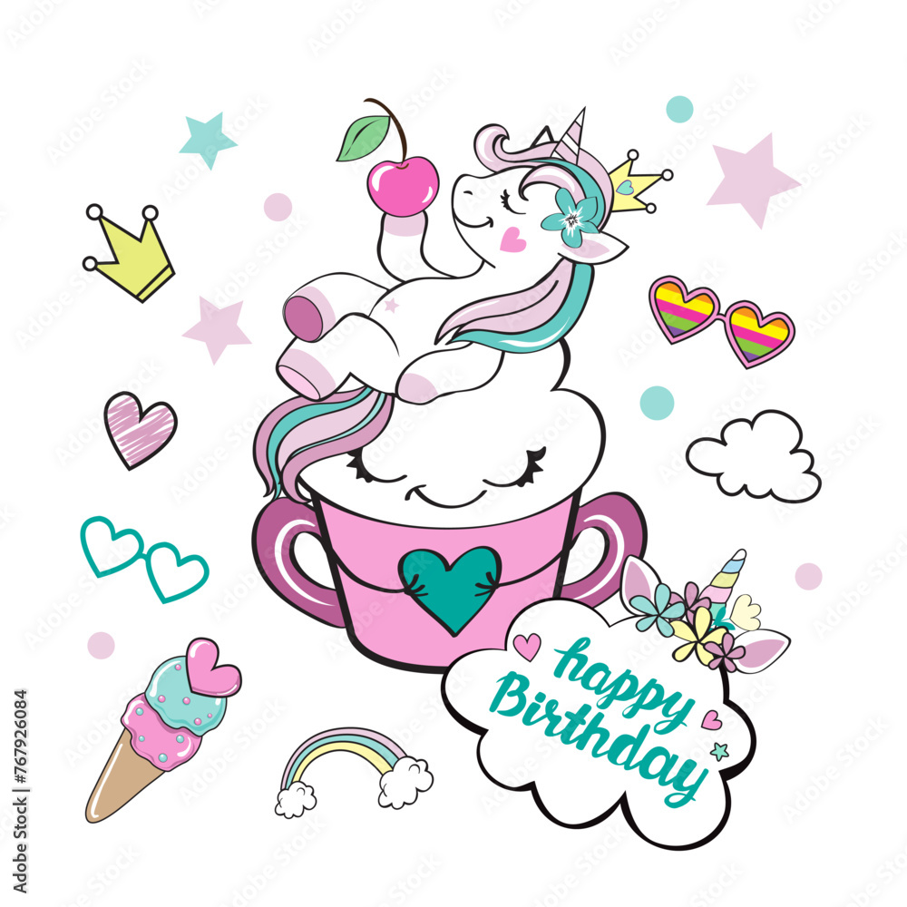 A beautiful unicorn lies in a cup and holds a cherry. Birthday card with elements of the holiday and the inscription Happy Birthday on a white background