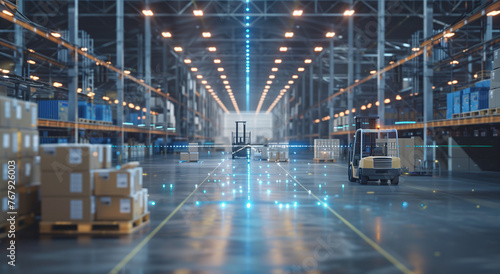 Futuristic Technology in Retail Logistics.  Brightly lit hangar with boxes of goods and forklifts on autopilot photo