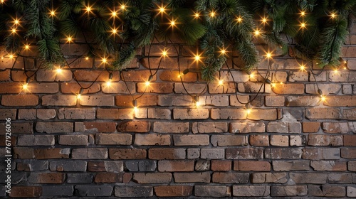 photo realistic christmas lights laid out beautifully for top down photo dim lighting brick background   photo