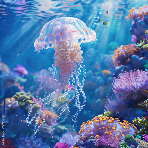 Jellyfish in a coral reef with corals and fish