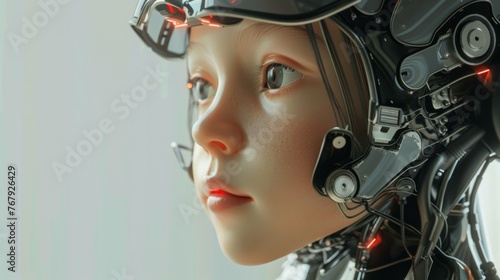 Close-up image of a female android with a pensive look, showcasing advanced robotics and artificial intelligence concepts.
