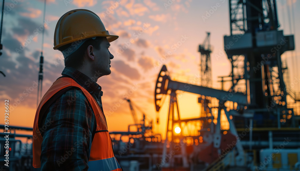 Engineer diligently inspecting machinery at an oil extraction site - underlining the maintenance and technical aspects of oil production. Engineer diligently inspecting machinery at an oil extraction site - underlining the maintenance and technical aspects of oil production.