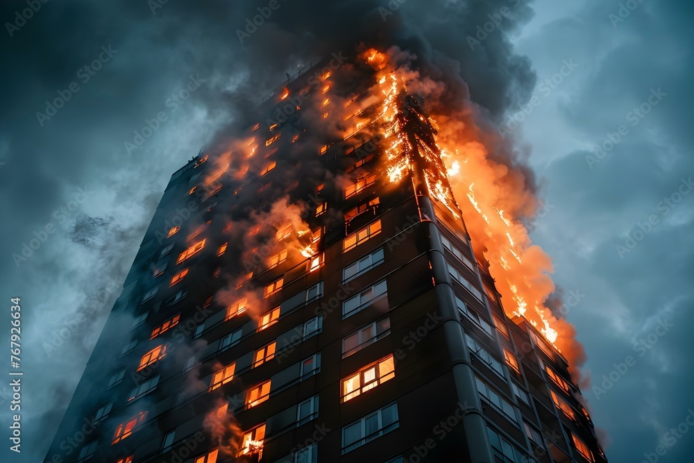 Highlighting the Importance of Fire Safety and Emergency Response Protocols with a Highrise Building in Flames. Concept Fire Safety, Emergency Response Protocols, Highrise Building, Flames
