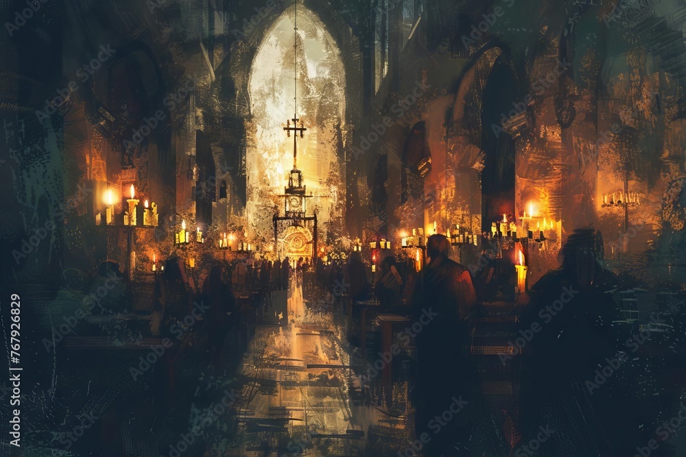 Cozy candlelit church interior during Candlemas procession with people holding candles, soft focus, digital painting