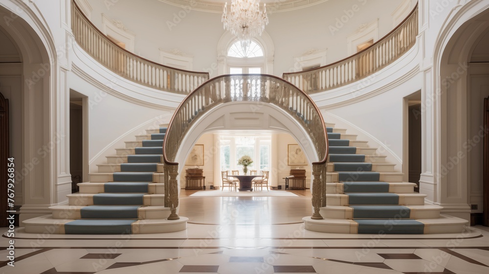 Jaw-dropping double-height entrance hall in historic estate with twin curved staircases and massive crystal chandelier