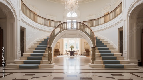 Jaw-dropping double-height entrance hall in historic estate with twin curved staircases and massive crystal chandelier