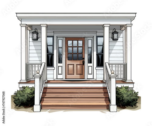 A detailed drawing of a front door with steps leading up to it.