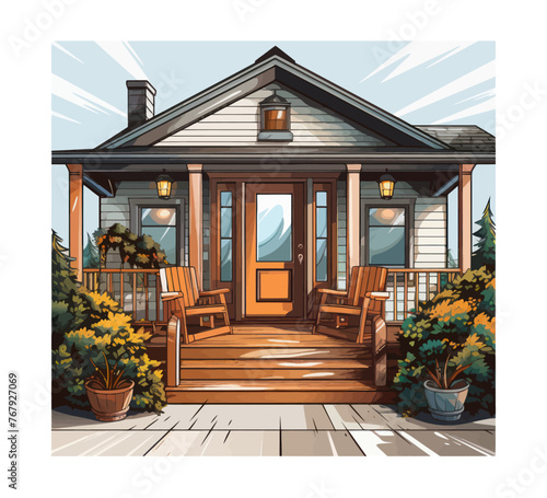 Detailed illustration of a house featuring a front porch with intricate design.