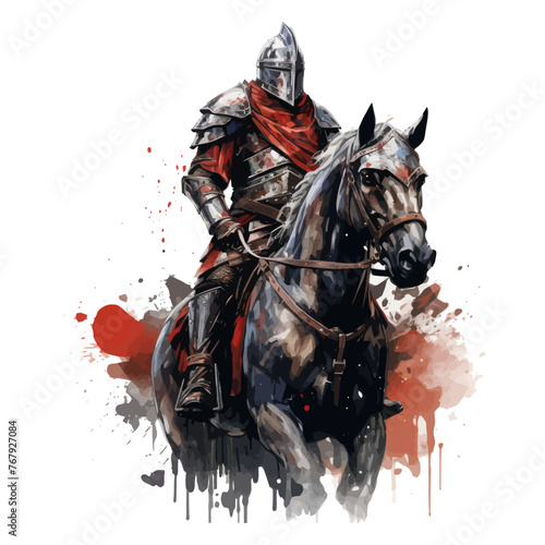 A painting depicting a knight riding a horse.