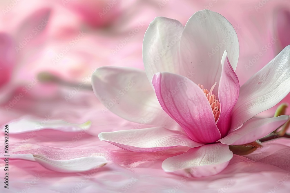 Delicate Spring Season Pink Magnolia Flower Petals Isolated on Soft Pastel Background, studio photography