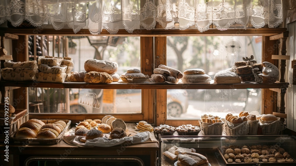 A street-view bakery window displays an abundant selection of bread under the warm glow of morning sunlight.