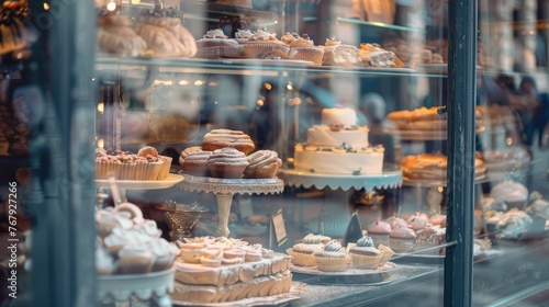 A captivating display of elegant pastries and cakes in a patisserie window invites passersby with its intricate designs. photo