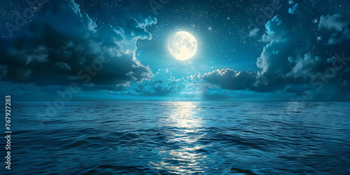  full moon on  sea at night background  blue moon with clouds on ocean banner