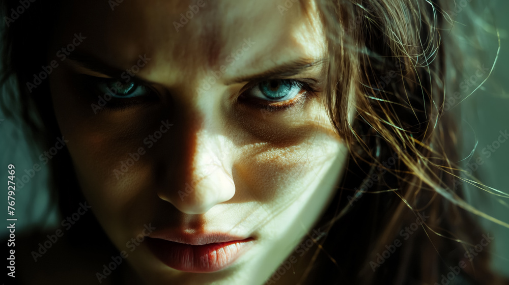 Close-up of a woman with intense blue eyes and a penetrating gaze, suggesting a strong emotion or thought. Close-up of a woman with intense blue eyes and a penetrating gaze, suggesting a strong emotion or thought.