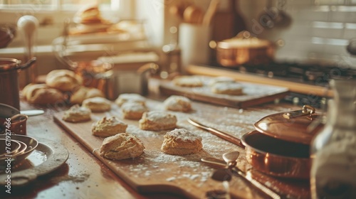 A warm, sunlit kitchen setting where freshly baked homemade biscuits are cooling on a wooden countertop, surrounded by vintage kitchenware. © doraclub
