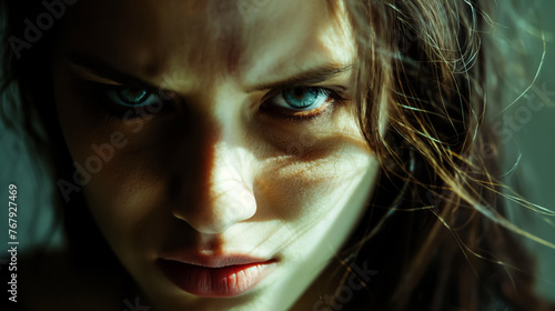 Close-up of a woman with intense blue eyes and a penetrating gaze, suggesting a strong emotion or thought.